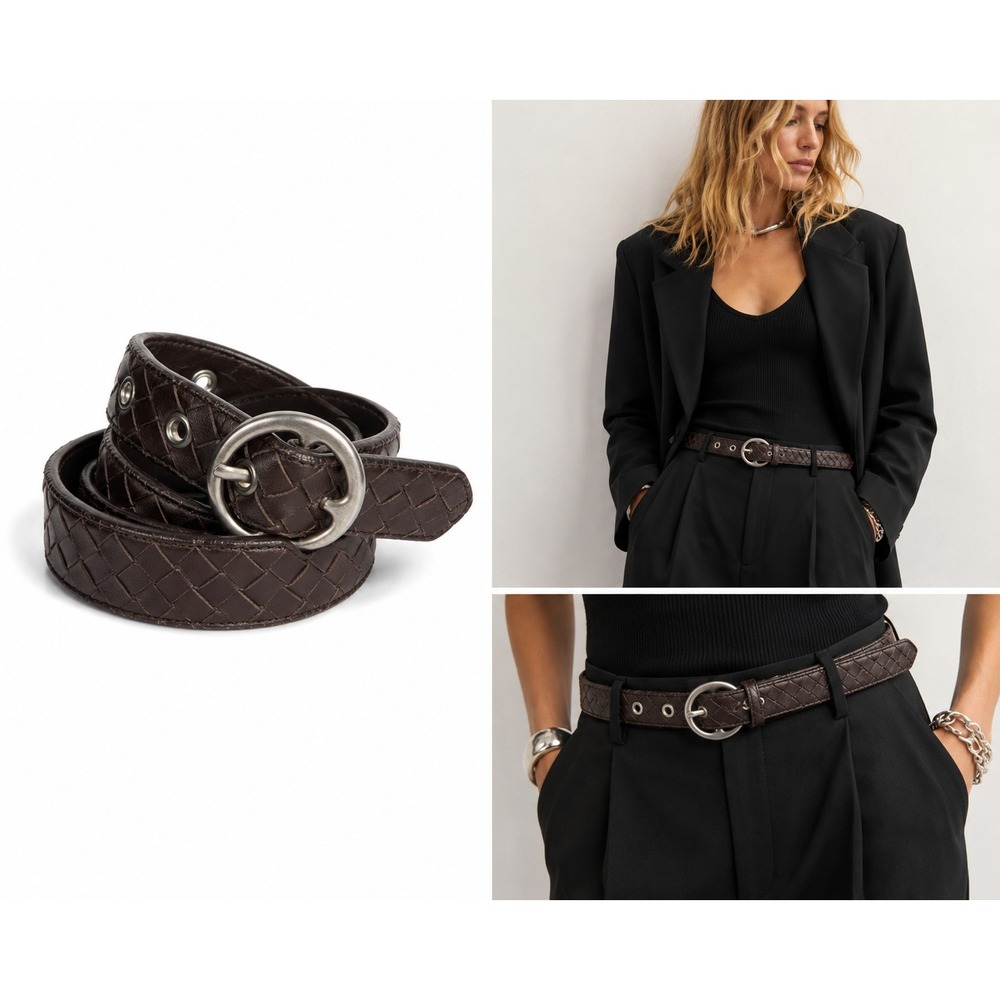 Bottega Veneta Belt 34 Brown Intrecciato Woven Leather Eyelet Italy Vintage Chic